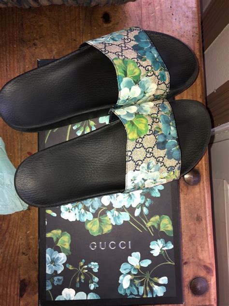 gucci light blue slides|blue Gucci slides floral.